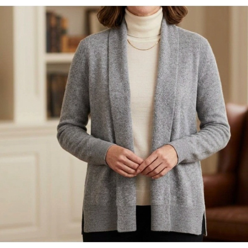Saks Fifth Avenue 100% Cashmere Open Front Cardigan Sweater Gray Small